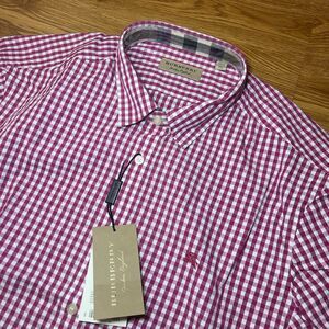 Burberry Grizedale Men's Slim Fit Check/plaid Long Sleeve Shirt Plum Pink Sz 2XL